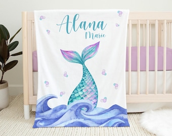 Mermaid Baby Blanket, Mermaid Tail Blanket, Mermaid Nursery, Ocean Life Nursery, Mermaid Bedding, Personalized Mermaid Blanket O4