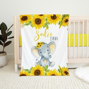 Sunflower Elephant Blanket, Elephant Crib Bedding, Personalized Baby Blanket, Elephant Nursery Theme, Sunflower Baby Blanket, Elephant