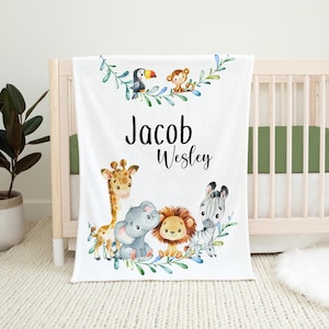 Safari Blanket, Safari Crib Bedding, Personalized Baby Blanket, Safari Nursery Theme, Newborn Blanket, Lion, Zebra, Elephant, Giraffe S3