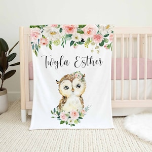 Owl Nursery Baby Blanket, Girl Owl Baby Blanket, Blush Cream Floral Owl Blanket, Owl Nursery Theme, Owl Crib Bedding, New Baby Gift W21