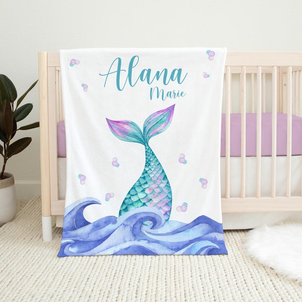 Mermaid Baby Blanket, Mermaid Tail Blanket, Mermaid Nursery, Ocean Life Nursery, Mermaid Bedding, Personalized Mermaid Blanket O4