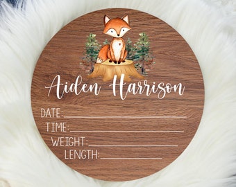 Birth Stat Sign, Round Wood Birth Stat Sign, Woodland Fox Birth Stat Sign, Personalized Birth Stat Sign, Newborn Gift, Baby Fox Stat Sign W3
