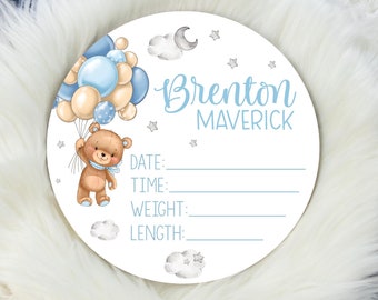 Boy Bear Balloon Birth Stat Sign, Round Wood Birth Stat Sign, Bear Nursery, Blue Balloon Birth Stat Sign, Personalized Birth Stat Sign T57