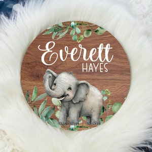 Elephant Round Wood Name Sign, Greenery Elephant Baby Sign, Round Wood Baby Name Sign, Baby Announcement Sign, Elephant Nursery Decor S56