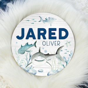 Shark Round Wood Name Sign, Under The Sea Baby Sign, Round Wood Baby Name Sign, Baby Announcement Sign, Shark Nursery Decor O32