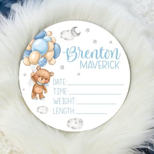 Boy Bear Balloon Birth Stat Sign, Round Wood Birth Stat Sign, Bear Nursery, Blue Balloon Birth Stat Sign, Personalized Birth Stat Sign T57