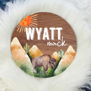 Bison Round Wood Name Sign, Buffalo Cactus Baby Sign, Round Wood Baby Name Sign, Baby Announcement Sign, Buffalo Bison Boy Nursery Decor D11