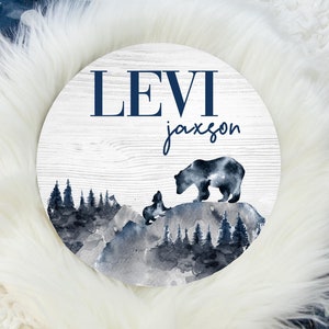 Round Wood Name Sign, Wood Baby Name Sign, Bear Mountain Baby Sign, Woodland Name Sign, Baby Announcement Sign, Adventure Nursery Decor M1