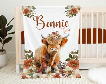Boho Highland Cow Blanket, Girl Highland Cow Blanket, Personalized Baby Blanket, Farm Animal Nursery Theme, Highland Cow Nursery C52