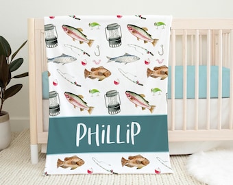 Fishing Blanket, Personalized Fishing Baby Blanket, Fishing Baby Blanket, Boy Toddler Blanket, Fish Nursery O24