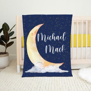 Luna Blanket, Personalized Moon and Stars Baby Blanket, Yellow Moon Baby Blanket, Gender Neutral Blanket, Moon Nursery T7