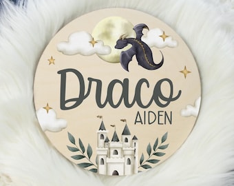 Dragon Round Wood Name Sign, Dragon Baby Name Sign, Round Wood Baby Name Sign, Baby Announcement Sign, Dragon Theme Nursery Decor B54