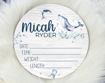 Whale Birth Stat Sign, Round Wood Birth Stat Sign, Dolphin Stat Sign, Whale Ocean Sign, Personalized Birth Stat Sign, Whale Nursery O25