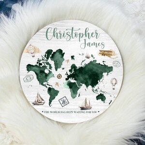 World Map Baby Sign, Round Wood Name Sign, Wood Baby Name Sign, Adventure Name Sign, Baby Announcement Sign, Map Travel Nursery T65