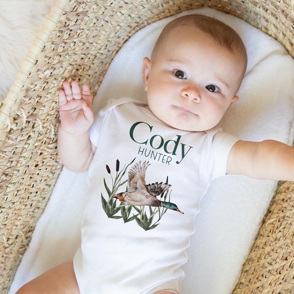 Duck Baby Bodysuit, Mallard Duck Baby Outfit, Baby Shower Gift, Pregnancy Reveal Baby Shirt, Baby One Piece, Duck Hunter Baby Outfit B33
