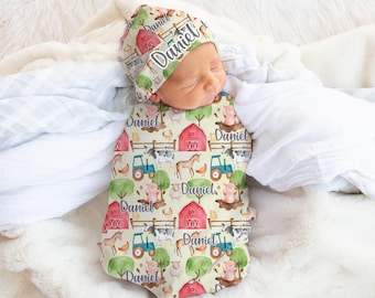 Farm Swaddle Set, Farm Baby Blanket, Personalized Farm Baby Blanket, Farm Nursery Theme, Newborn Blanket, Cow Pig Barn Horse Blanket