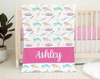 Girl Fishing Blanket, Personalized Fishing Baby Blanket, Fishing Lure Baby Blanket, Girl Fishing Toddler Blanket, Fish Nursery O49