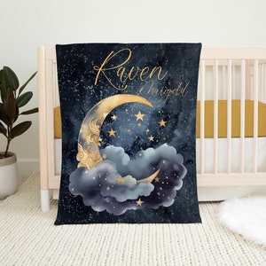 Luna Blanket, Personalized Moon and Stars Baby Blanket, Crescent Moon Blanket, New Baby Gift, Moon Baby Blanket, Girl Blanket T64