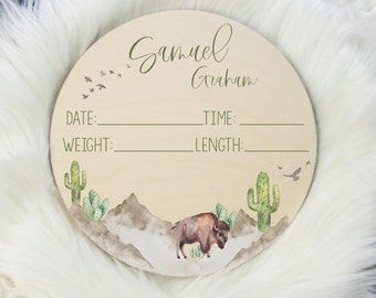 Birth Stat Sign, Round Wood Birth Stat Sign, Boy Buffalo Cactus Stat Sign, Mountain Bison Sign, Personalized Stat Sign, Newborn Gift M12