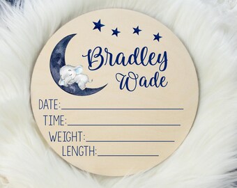 Birth Stat Sign, Round Wood Birth Stat Sign, Moon Elephant Nursery, Boy Moon Birth Stat Sign, Personalized Birth Stat Sign, Newborn Gift T9