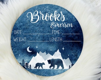 Bear Birth Stat Sign, Round Wood Birth Stat Sign, Mountain Nursery, Mountain Bear Birth Sign, Personalized Birth Stat Sign, Newborn Gift M6