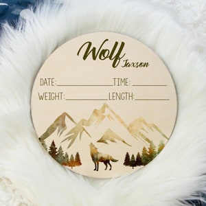 Wolf Birth Stat Sign, Round Wood Birth Stat Sign, Wilderness Nursery, Mountain Wolf Birth Sign, Personalized Birth Stat Sign, Baby Gift M19