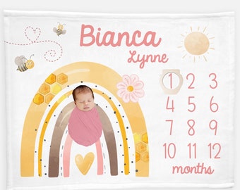 Honey Bee Baby Milestone Blanket, Girl Milestone Blanket, Personalized Baby Blanket, Month Baby Blanket, Baby Girl Blanket, Bumble Bee G40