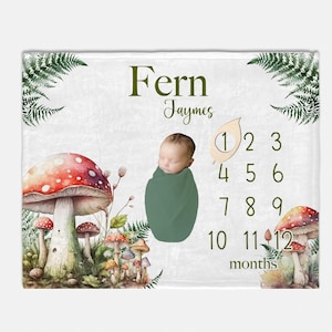 Mushroom and Fern Milestone Blanket, Baby Boy Blanket, Mushroom Milestone Blanket, Woodland Baby Gift, Newborn Blanket, Woodland Nursery W57