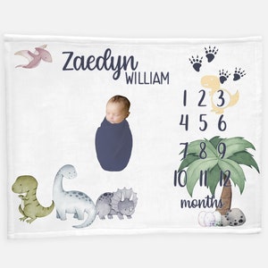 Dinosaur Baby Milestone Blanket, Baby Boy Milestone Blanket, Personalized Baby Blanket, Monthly Baby Blanket, Dinosaur Nursery Theme B23