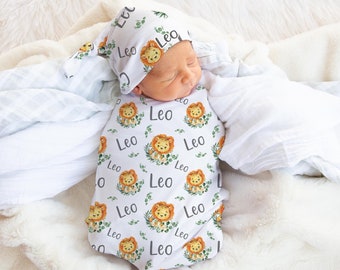 Lion Swaddle Set, Safari Swaddle Blanket, Personalized Baby Blanket, Safari Nursery, Lion Baby Swaddle Blanket, Baby Shower Gift S8