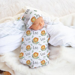 Lion Swaddle Set, Safari Swaddle Blanket, Personalized Baby Blanket, Safari Nursery, Lion Baby Swaddle Blanket, Baby Shower Gift S8
