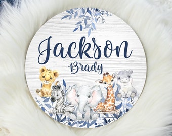 Safari Name Sign, Round Wood Baby Name Sign, Safari Baby Name Sign, Jungle Name Sign, Baby Announcement Sign, Blue Safari Nursery Decor S1