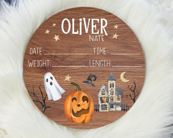 Halloween Birth Stat Sign, Round Wood Birth Stat Sign, Halloween Stat Sign, Halloween Baby Sign, Personalized Birth Stat Sign B32