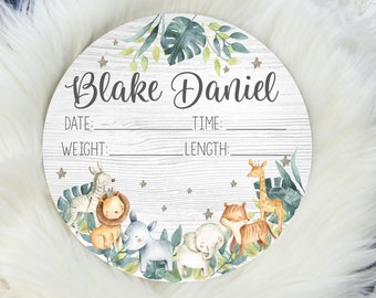 Birth Stat Sign, Round Wood Birth Stat Sign, Safari Birth Stat Sign, Safari Animal Sign, Personalized Birth Stat Sign, Newborn Gift S4