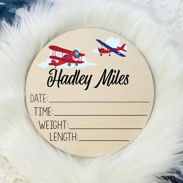 Baby Stat Sign, Round Wood Birth Stat Sign, Airplane Birth Stat Sign, Airplane Nursery Decor, Personalized Birth Stat Sign, Newborn Gift T50