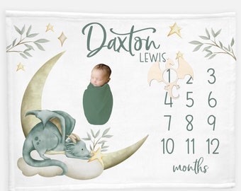 Dragon Baby Milestone Blanket, Baby Boy Milestone Blanket, Personalized Baby Blanket, Monthly Baby Blanket, Dragon Fantasy Nursery Theme B49