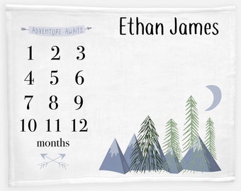 Adventure Awaits Baby Milestone Blanket, Forest Mountains Milestone Blanket, Personalized Baby Blanket, Month Baby Boy Blanket M3
