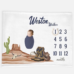 Cowboy Baby Milestone Blanket, Western Baby Blanket, Boy Milestone Blanket, Personalized Desert Western Blanket, Cowboy Baby Blanket D8