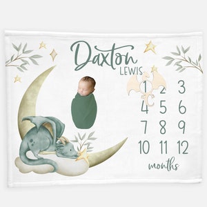 Dragon Baby Milestone Blanket, Baby Boy Milestone Blanket, Personalized Baby Blanket, Monthly Baby Blanket, Dragon Fantasy Nursery Theme B49