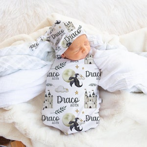 Dragon Swaddle Set, Dragon Castle Personalized Baby Blanket, Baby Blanket, Personalized Baby Blanket, Baby Shower Gift, Dragon Swaddle B54