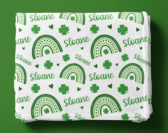 St. Patrick's Day Swaddle Set, Shamrock Rainbow Swaddle, Personalized Irish Baby Blanket, Irish Nursery Theme, Four Leaf Clover Swaddle Set