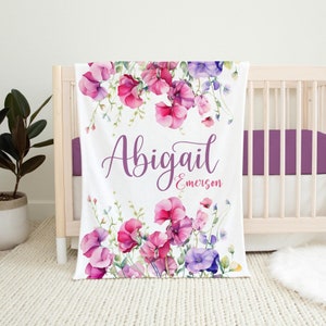 Sweet Pea Baby Blanket, Sweet Pea Flower Blanket, Personalized Baby Blanket, Floral Nursery Theme, Baby Shower Gift, Sweet Pea Nursery F105