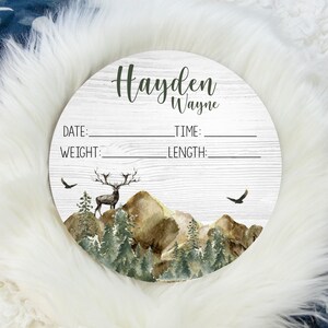 Woodland Mountain Birth Stat Sign, Round Wood Stat Sign, Stag Woodland Birth Stat Sign, Personalized Birth Stat Sign W7