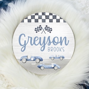 Race Car Round Wood Name Sign, Wood Baby Name Sign, Racecar Baby Name Sign, Vintage Race Car Name Sign, Baby Announcement Sign T56 image 1