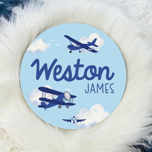 Airplane Name Sign, Round Wood Name Sign, Wood Baby Name Sign, Airplane Baby Sign, Baby Announcement Sign, Airplane Travel Nursery T52