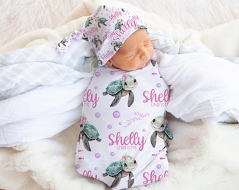 Girl Turtle Swaddle Set, Sea life Personalized Baby Blanket, Baby Blanket, Personalized Baby Blanket, Baby Gift, Ocean Theme Swaddle Set O33
