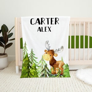 Boy Moose Blanket, Moose Crib Bedding, Personalized Baby Blanket, Moose Nursery Theme, Baby Shower Gift, Woodland Blanket W12