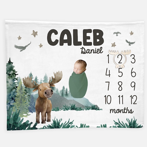 Moose Milestone Blanket, Moose Baby Blanket, Moose Personalized Baby Blanket, Monthly Baby Boy Blanket, Forest Moose Milestone W44