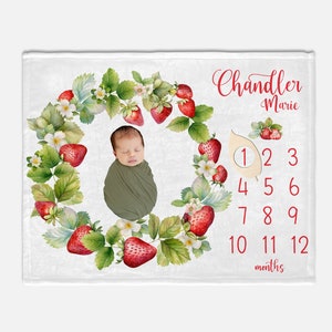 Strawberry Girl  Milestone Blanket, Strawberry Monthly Baby Blanket, Baby Shower Gift, Strawberry Nursery Theme, Strawberry Baby Gift G64