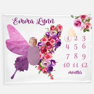 Butterfly Baby Milestone Blanket, Personalized Baby Blanket, Monthly Baby Blanket, Baby Blanket, Purple Floral Butterfly Baby Blanket G7